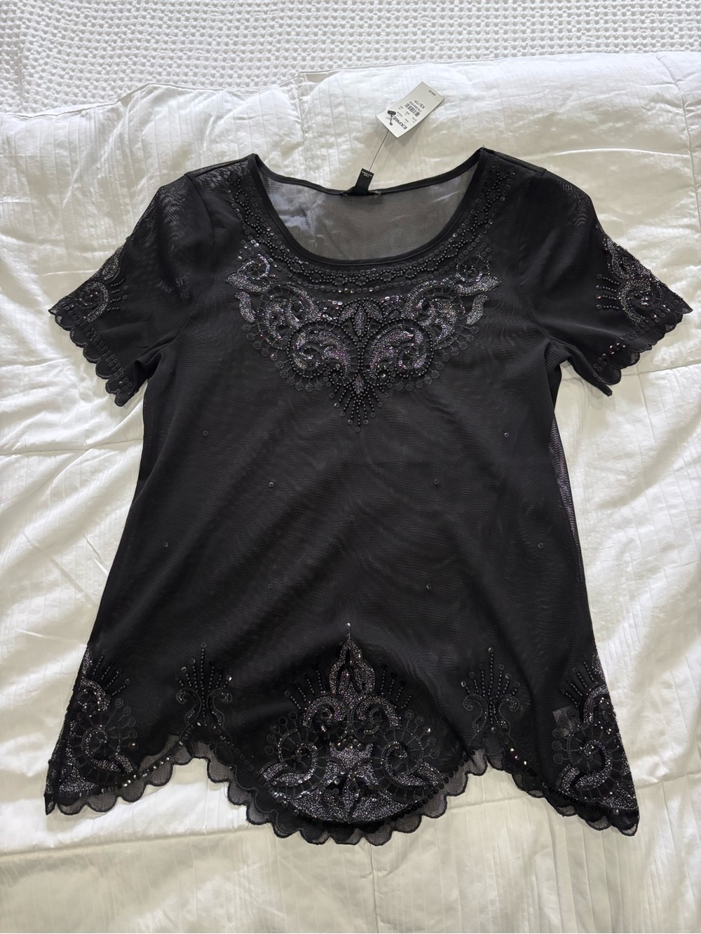 Express Black Embellished Short Sleeve Mesh Top
